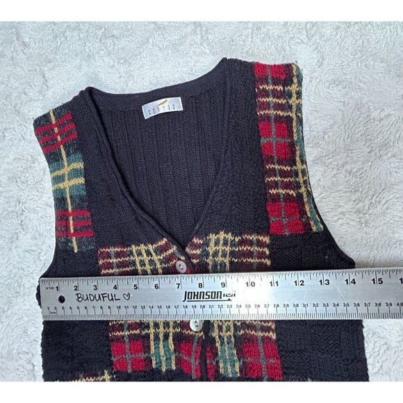 Vintage Precis Petite Small Black/Red Plaid Cable-Knit V-Neck Sweater Vest Wool - Picture 5 of 9